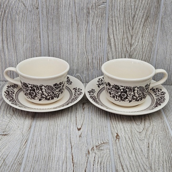 Royal China Other - Royal China Sussex Cavalier Ironstone Brown Floral Tea Cups and Saucers Set of 2